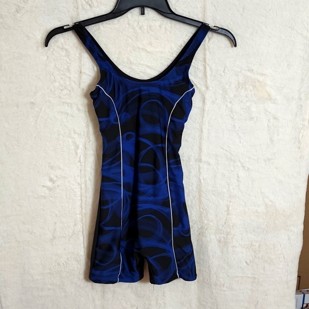Adoretex 1 Piece Bathing suit. Size Small blue and black. Boyleg